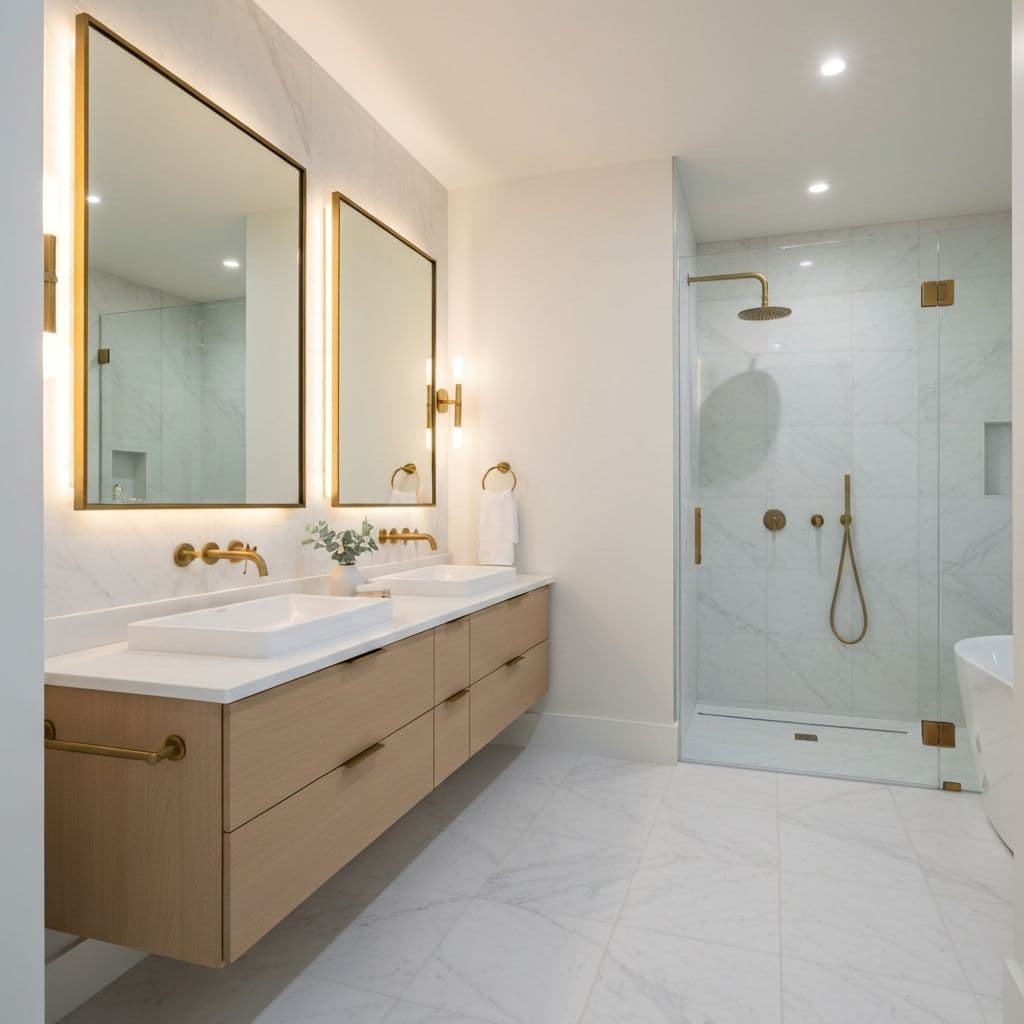 Bagno di lusso con marmo bianco e doppio lavabo