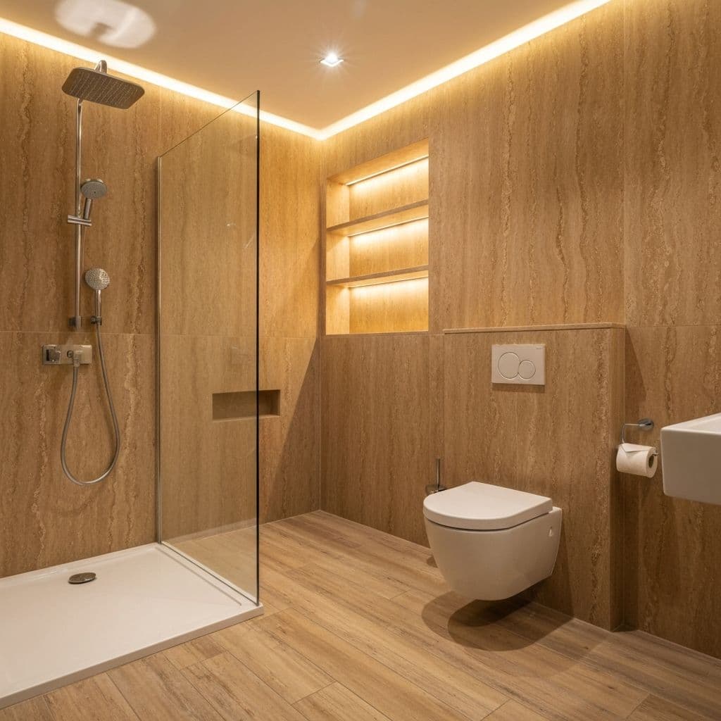 Bagno stile italiano con rivestimento in travertino