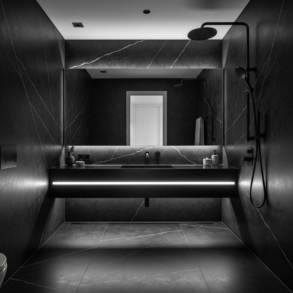 Bagno elegante con accenti in marmo scuro